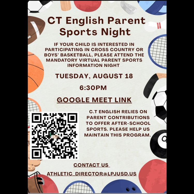 CT Parent sports night Tuesday, August 18 at 6:30pm through Google meet Link