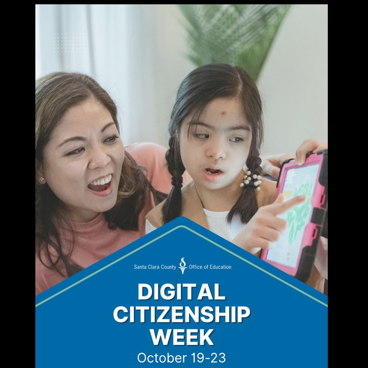 Image of women and child using an iPad, with text Digital Citizenship Week October 19-23.