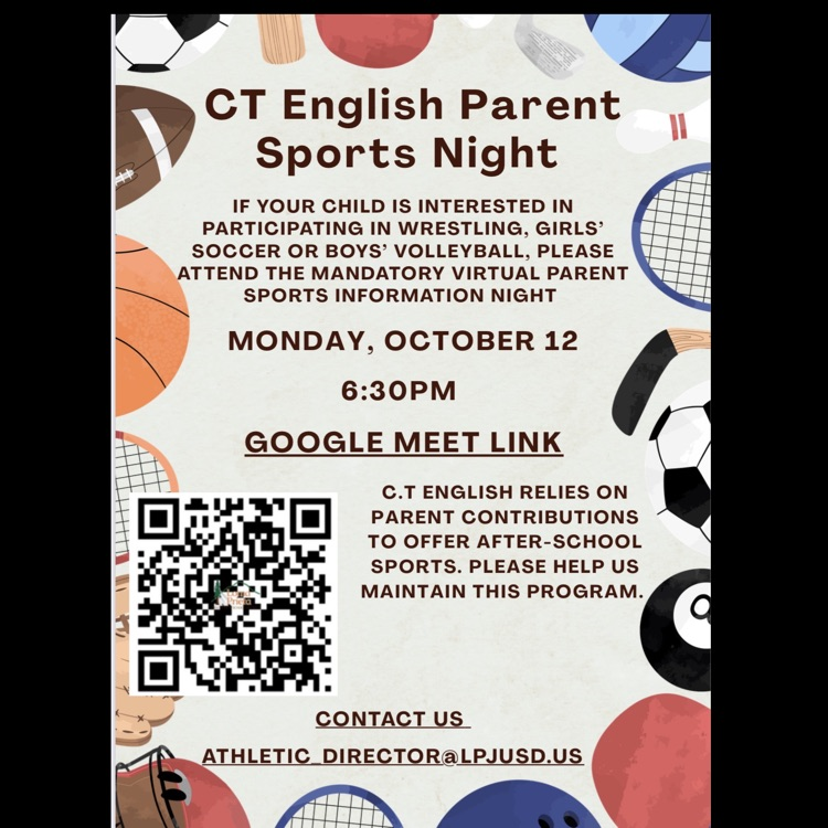 CT English Parent Sports Night, Monday, October 12th at 6:30pm via Google meet