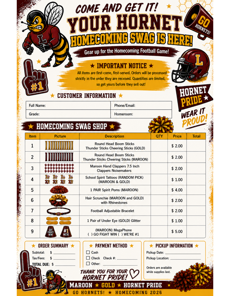 Homecoming Swag Order Form
