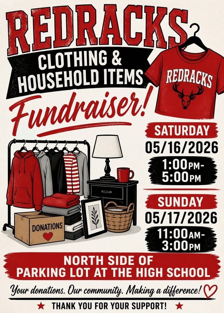 Bring your unsold garage sale items to the HS parking lot for the Soccer Team Red Racks fundraiser. Sat 1-5pm and Sun 11am-3pm.