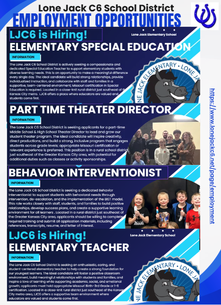 Several employment opportunities for teaching and support staff. Elementary teacher, special education teacher, theater director, behavior interventionist and paraprofessional.