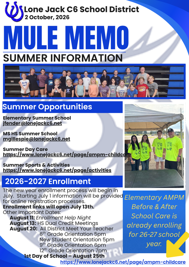 Page one of summer mule memo district newsletter, summer dates and links.