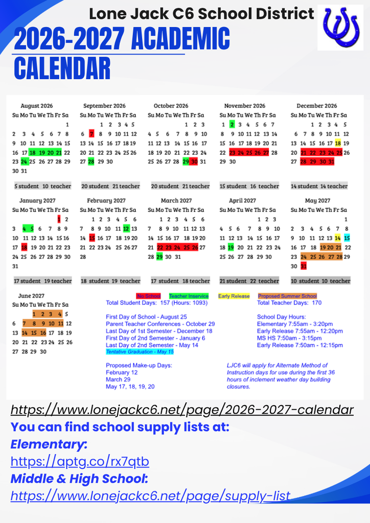 District academic calendar and school supply list links