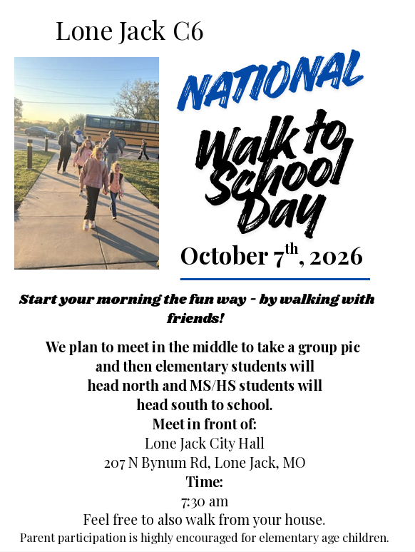 National Walk to School Day is Wednesday, October 7th, 7:30am, meet at City Hall.