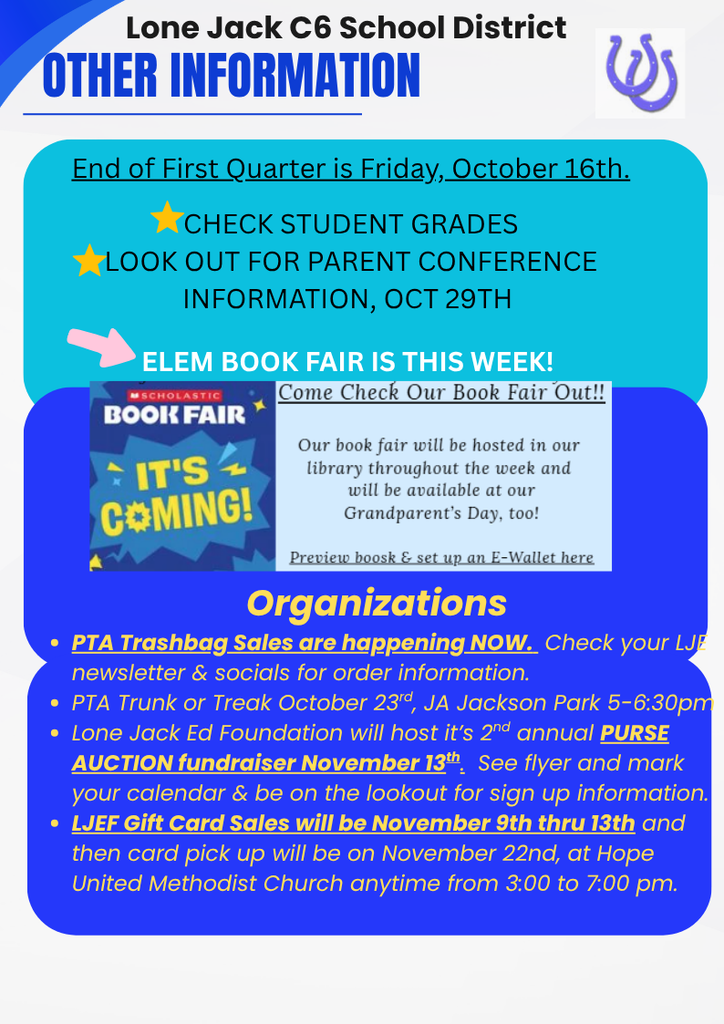 Upcoming information, end of first quarter is October 16th, check grades