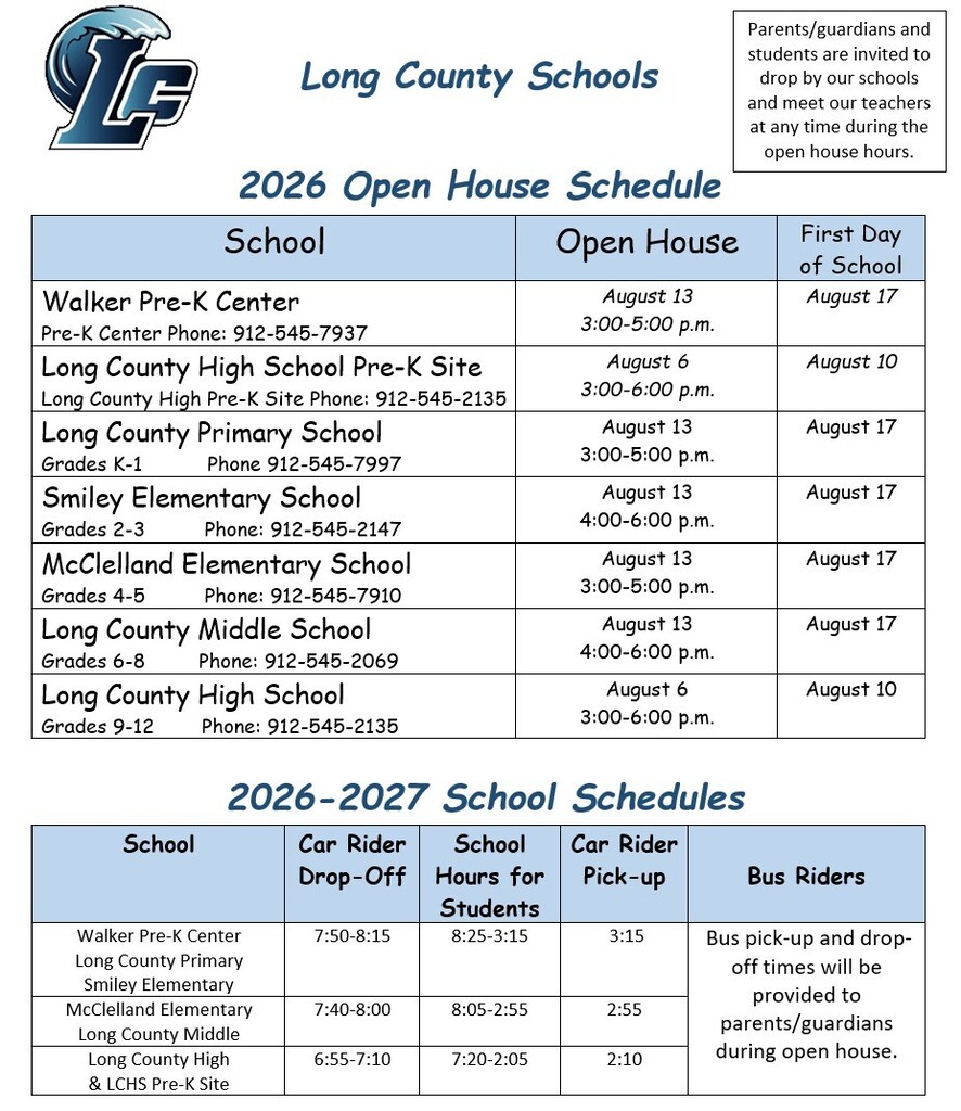 Long County School System Open House Schedules