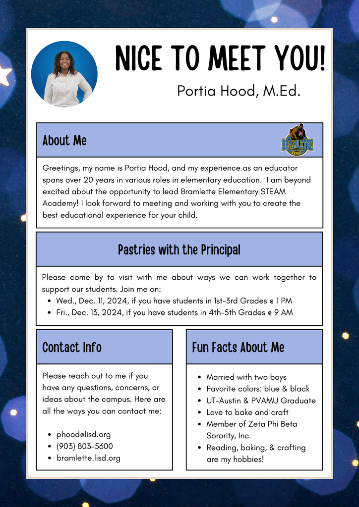 Getting to know Mrs. Hood.  Come meet with her 12/11 if you have a 1st - 3rd grader and 12/13 if you have a 4th-5th grader. 