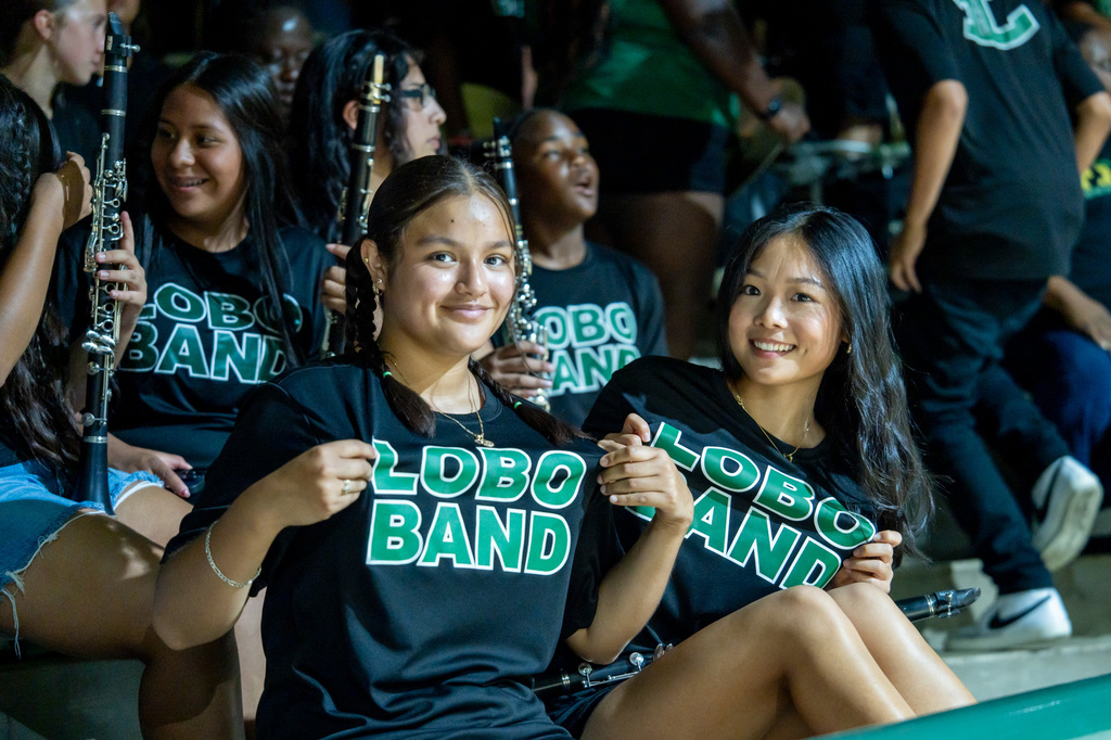 Lobo band students at the Green Out pep rally.