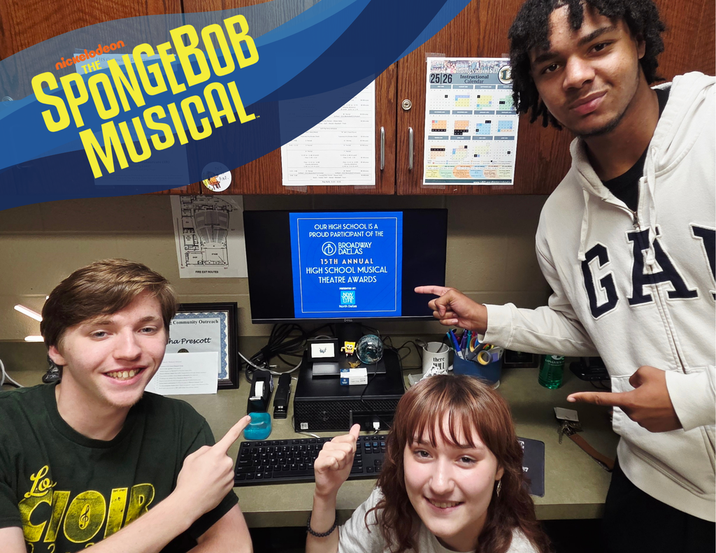 Students pointing to the Broadway Dallas High School Musical Theatre Awards announcement that Longview HS production of The Spongebob Musical is a participating show. 
