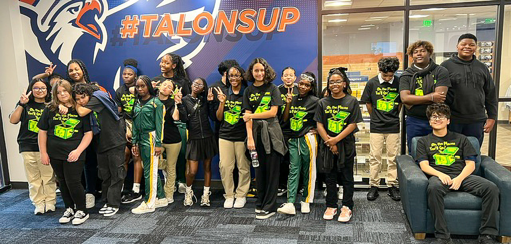 Forest Park 8th-graders pose for a photo while visiting the UT Tyler campus.