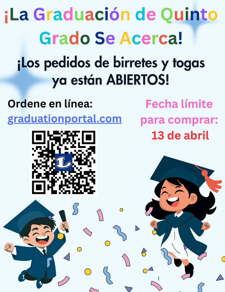 Cartoon boy and girl in graduation cap and gown jumping  in Spanish
