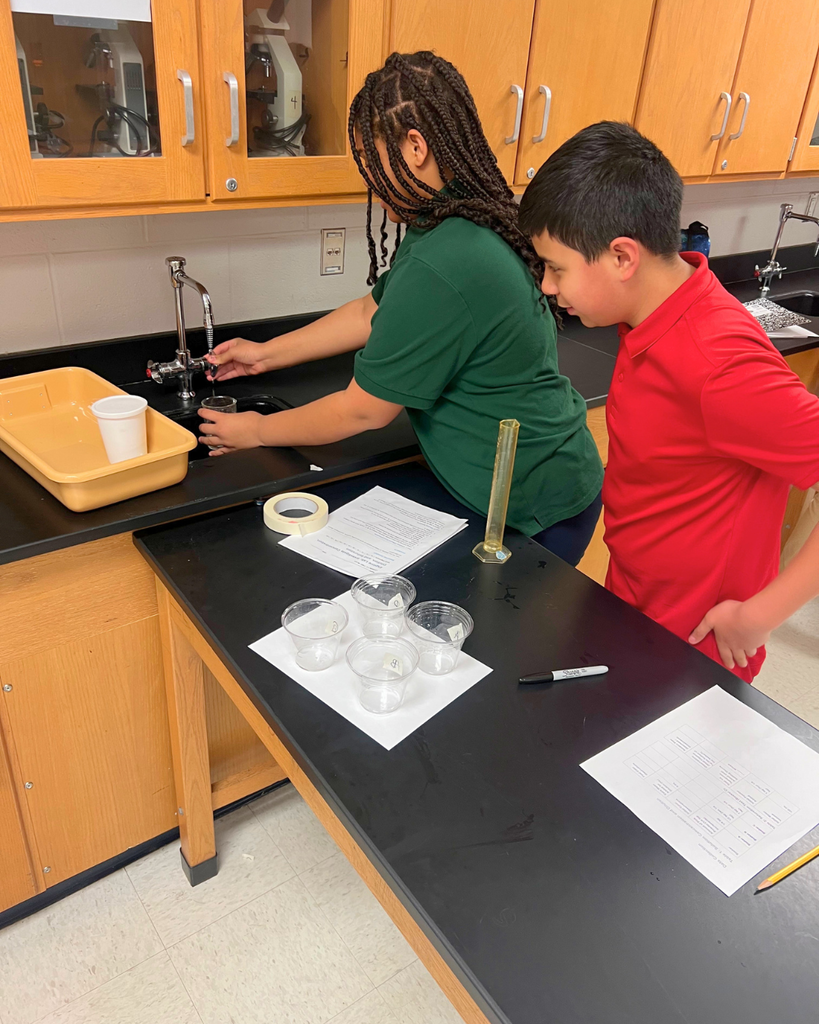 Two students working together on a science lab experiment at a black countertop with clear plastic cups, paper, and lab equipment.