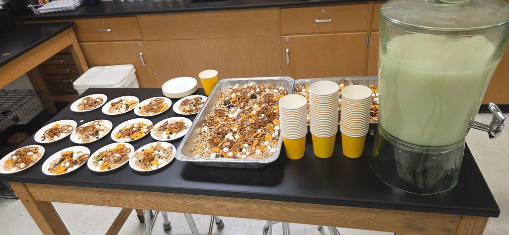 A lab table is set up with a spread of food and drinks, including small plates of salad or nachos, a tray of food covered in melted cheese and toppings, yellow paper cups, white bowls, and a large beverage dispenser filled with a light green drink.