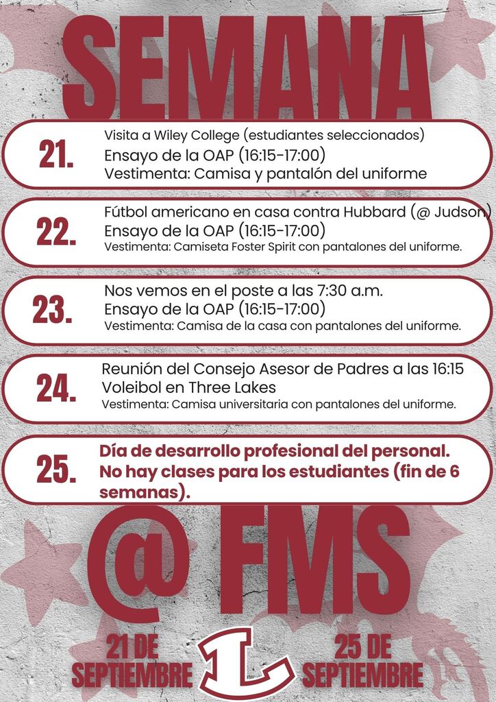 Sept. 21-25 FMS Week @ A Glance in Spanish