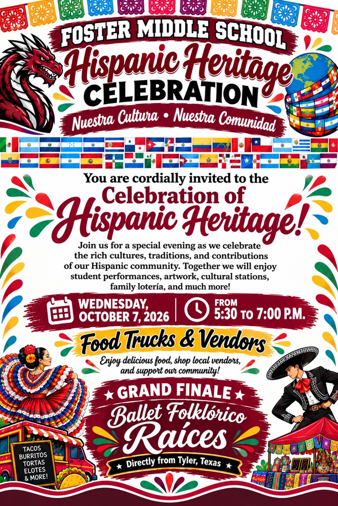 Foster middle school Hispanic heritage celebration flyer in English