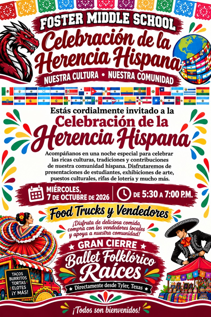 Foster middle school Hispanic heritage celebration flyer in Spanish