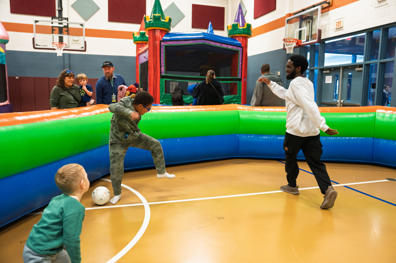 students with inflatables