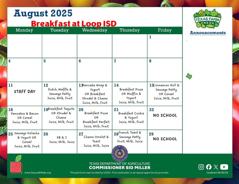 AUGUST 2025 BREAKFAST MENU
