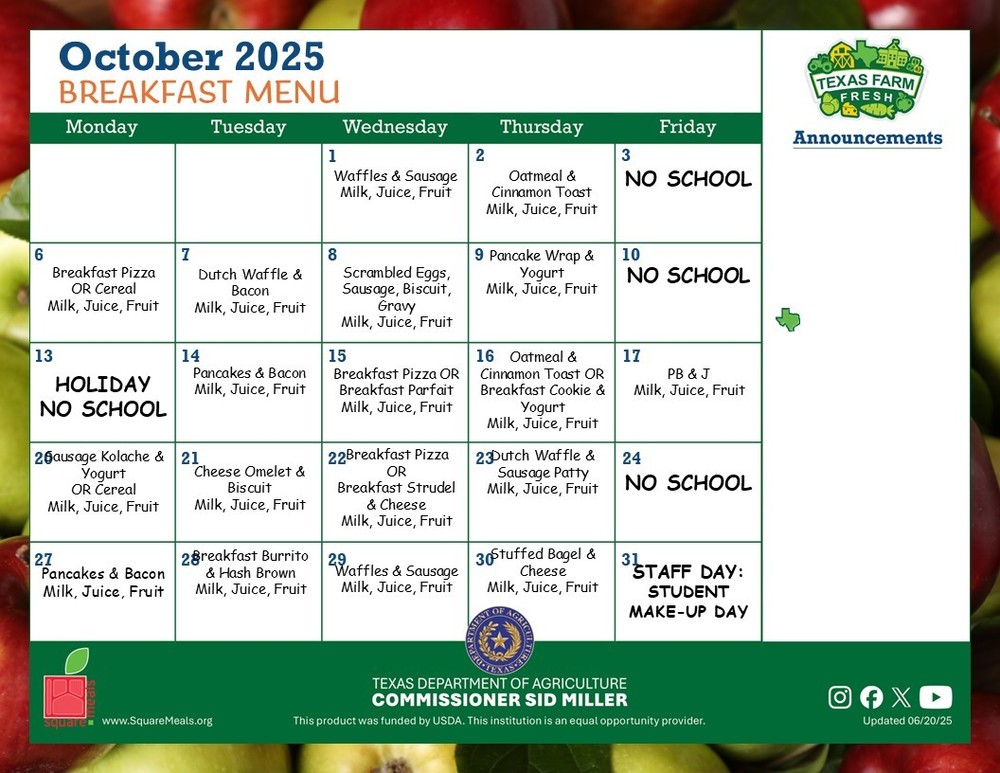 OCTOBER BREAKFAST MENU 2025