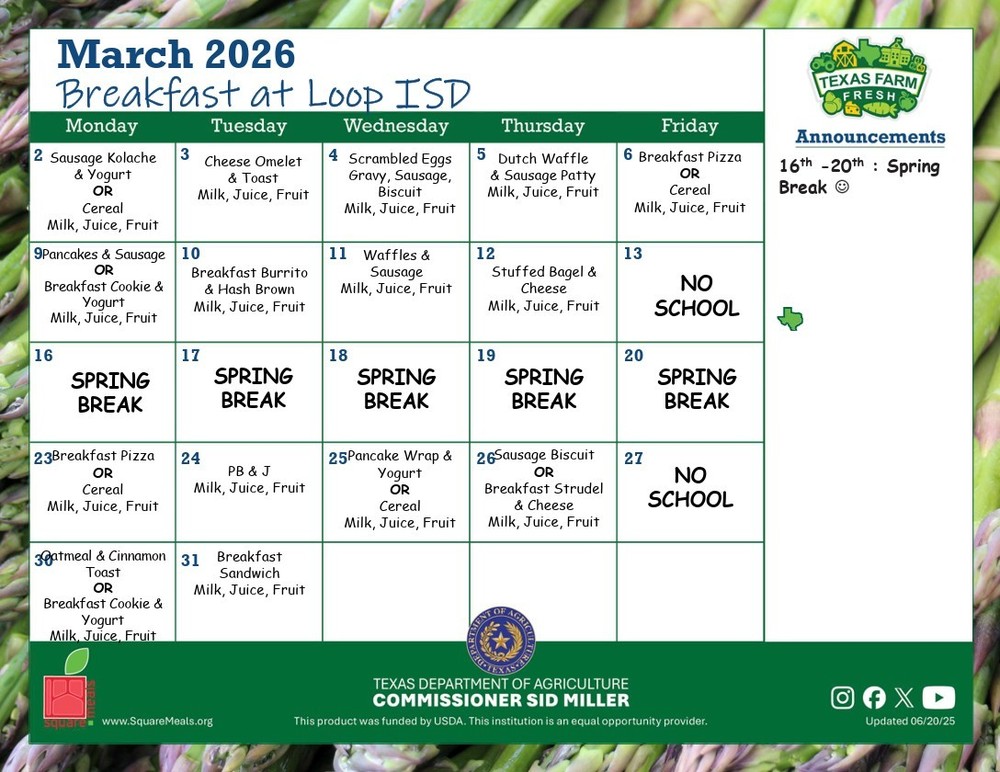 March 2026 Breakfast Menu