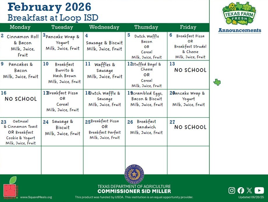 February 2026 Breakfast Menu