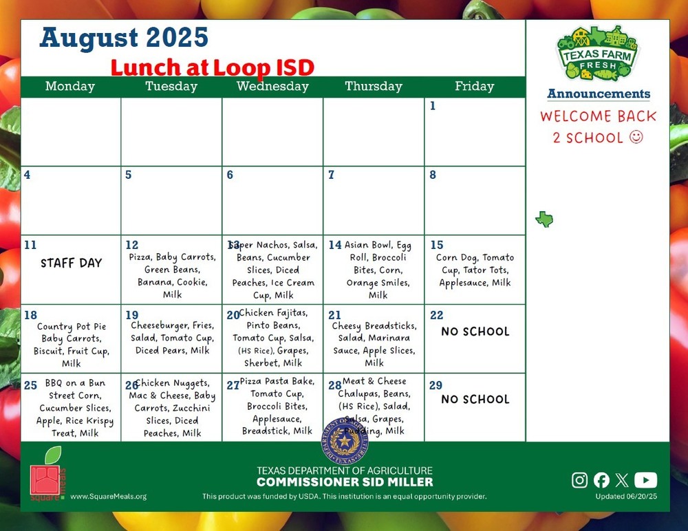 August 2025 Lunch Menu