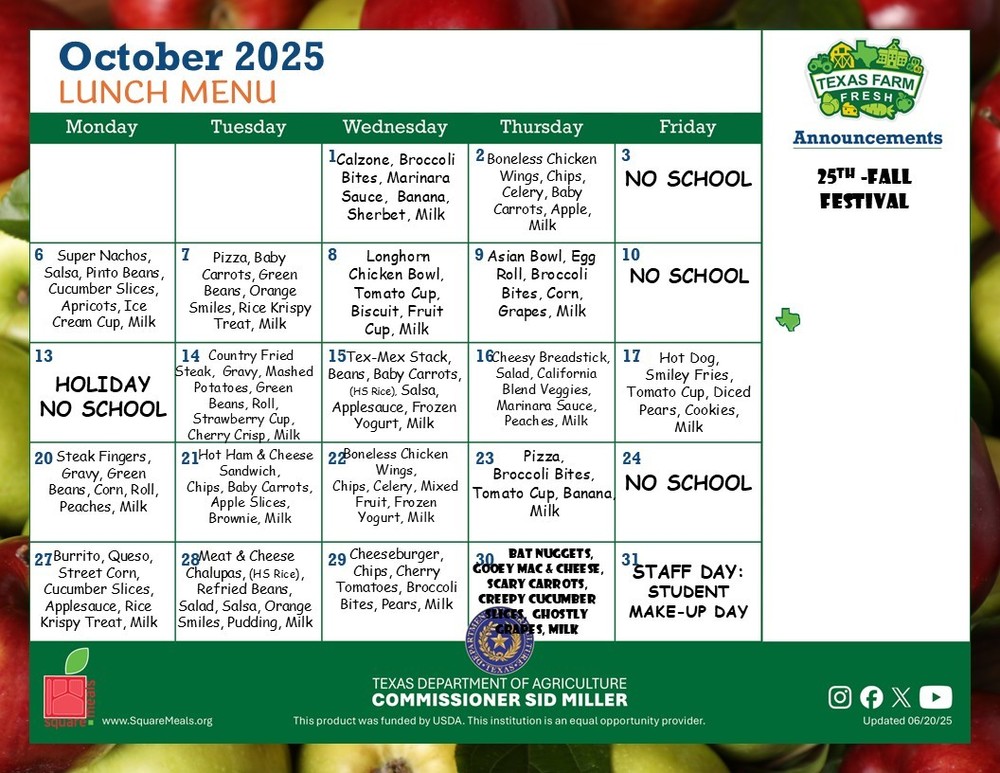 OCTOBER LUNCH MENU 2025