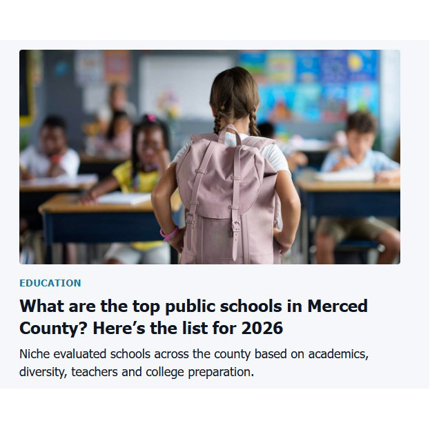 An online magazine article headline regarding the top-rated public schools in Merced county