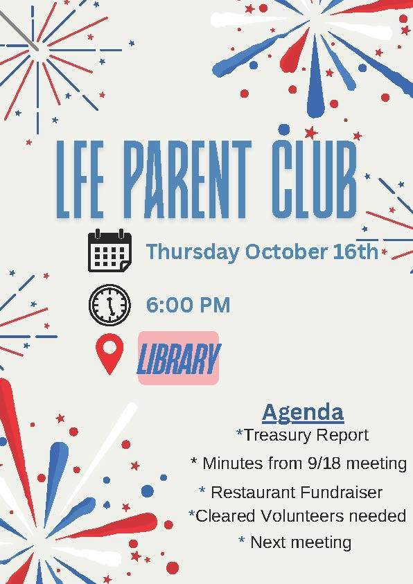 LFE Parent Club Meeting English flyer