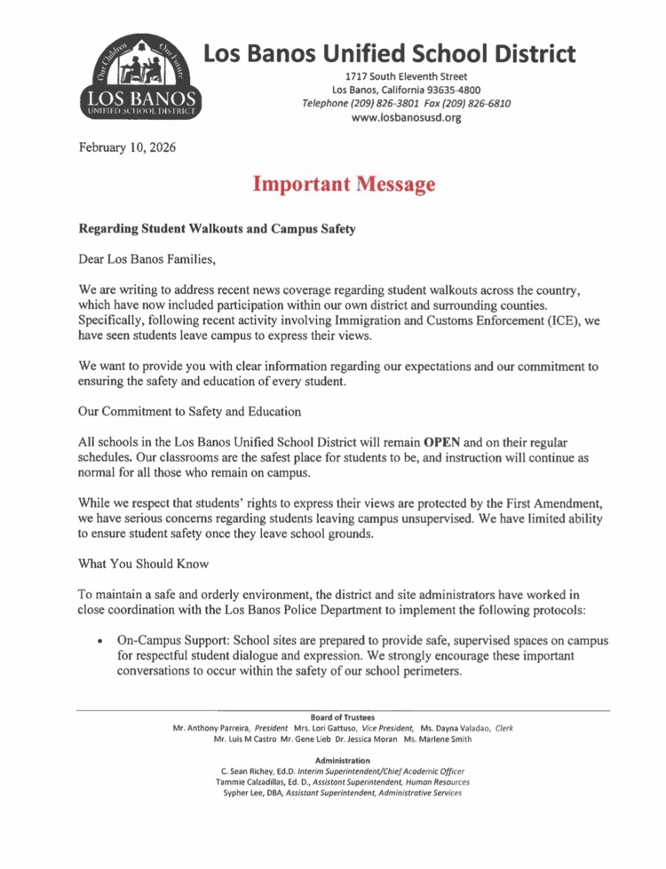 📢 Important Message from LBUSD Please read the full statement from Superintendent Dr. Richey for details on how we’re addressing the event and keeping our campuses safe. #LosBanosUSD #StudentSafety #CommunityUpdate
