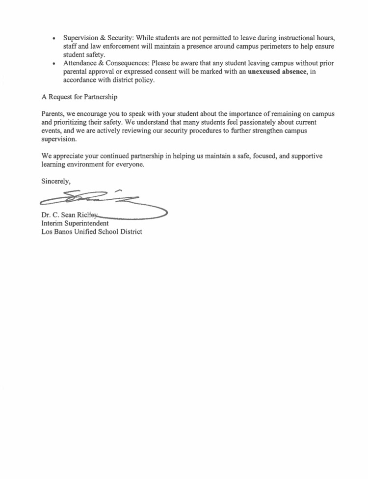 📢 Important Message from LBUSD Please read the full statement from Superintendent Dr. Richey for details on how we’re addressing the event and keeping our campuses safe. #LosBanosUSD #StudentSafety #CommunityUpdate