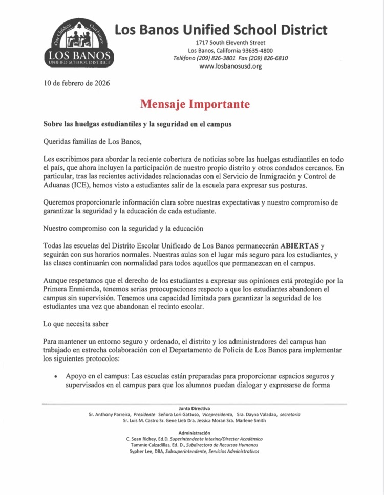 📢 Important Message from LBUSD Please read the full statement from Superintendent Dr. Richey for details on how we’re addressing the event and keeping our campuses safe. #LosBanosUSD #StudentSafety #CommunityUpdate