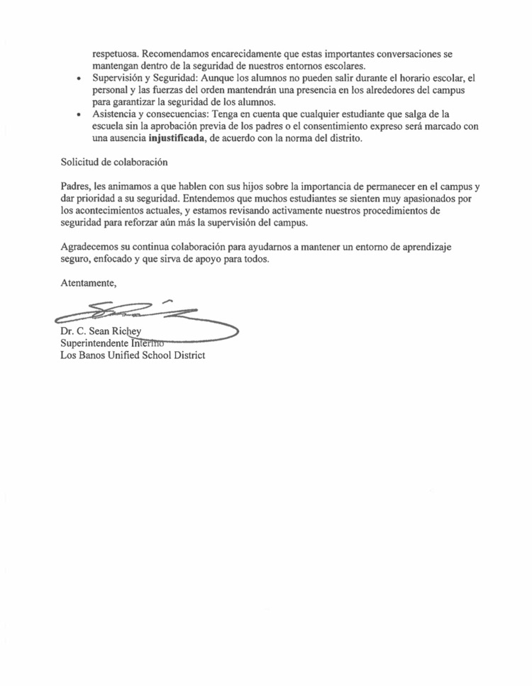 📢 Important Message from LBUSD Please read the full statement from Superintendent Dr. Richey for details on how we’re addressing the event and keeping our campuses safe. #LosBanosUSD #StudentSafety #CommunityUpdate