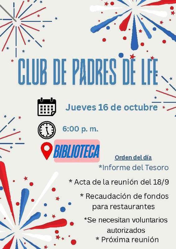 LFE Parent Club Meeting flyer Spanish