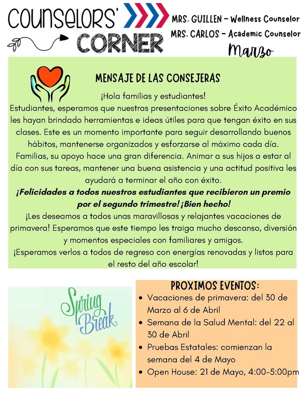 Counselors' Corner newsletter: Spanish