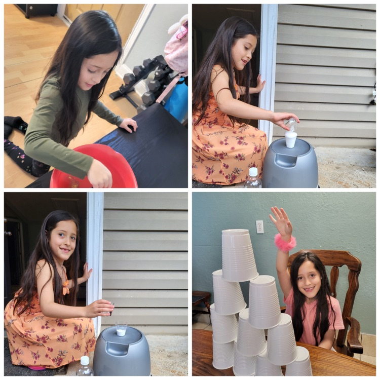 4 pictures of a young girl doing science experiments at home 