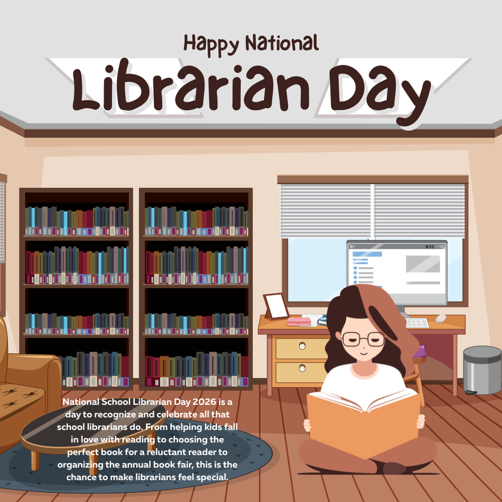 National Librarian Day is celebrated with image of student reading a book in the library.