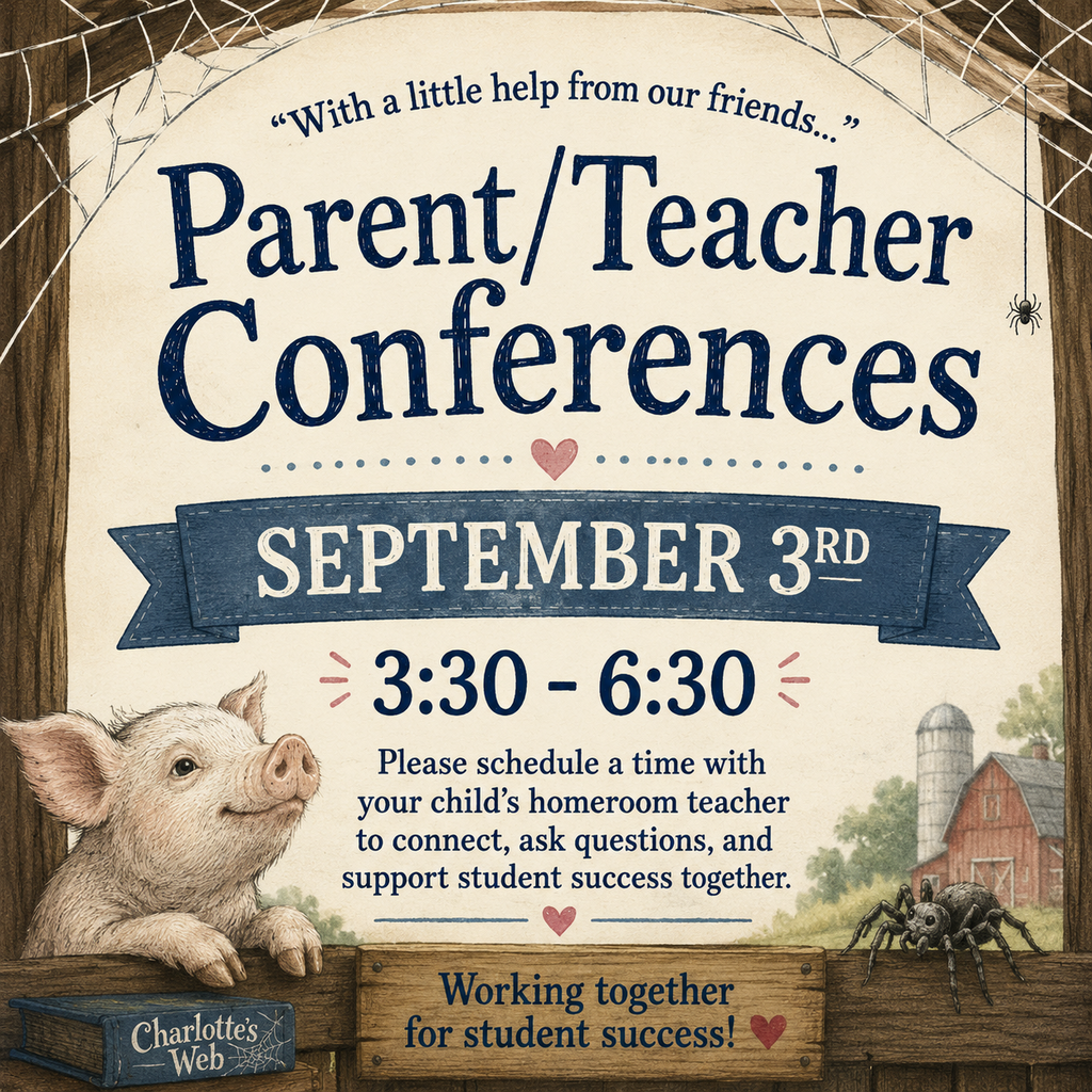 Invitation for parent/teacher conferences on September 3rd, 3:30-6:30. Illustration includes pig, spider, and barn.