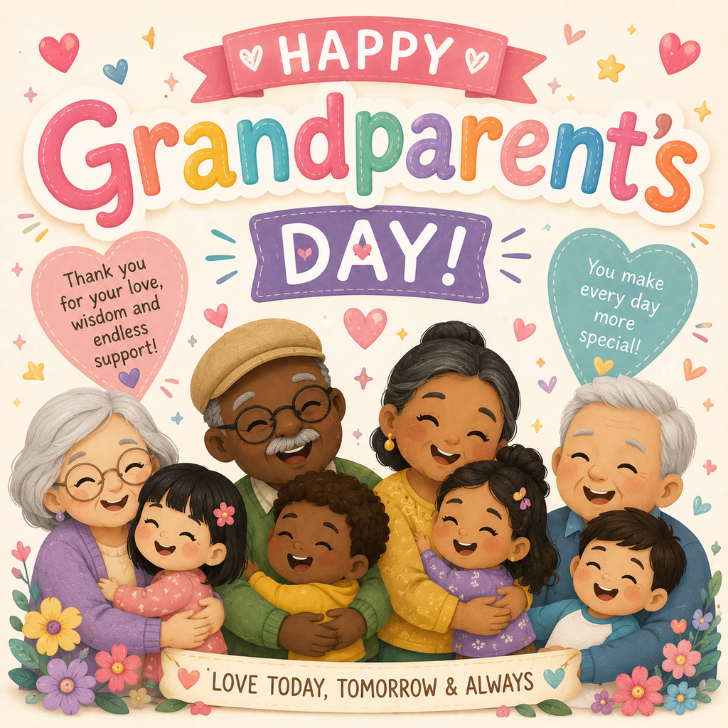 A family gathering of grandparents and grandchildren, smiling. A banner reads, "Happy Grandparents' Day! Love Today, Tomorrow & Always."