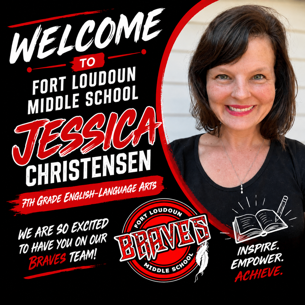 A poster displays "Welcome to Fort Loudoun Middle School" with Jessica Christensen smiling. She wears a black shirt and necklace.