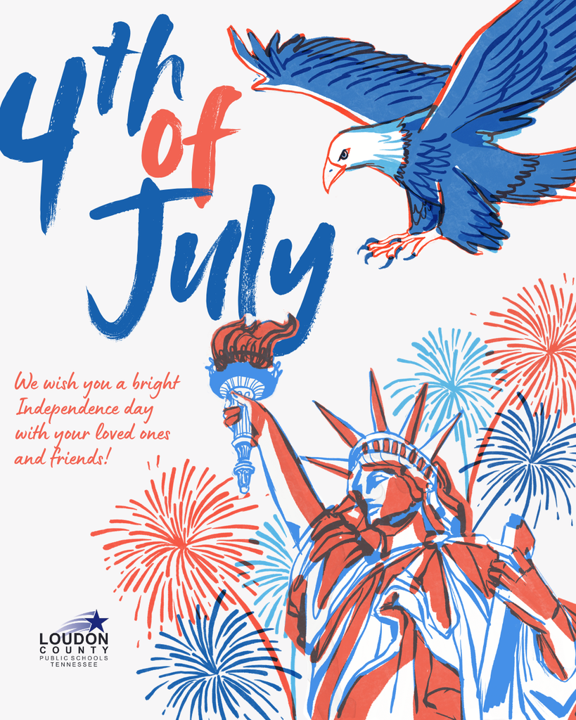 A poster for the Fourth of July. An eagle and Statue of Liberty hold fireworks. Blue, red, and white colors.