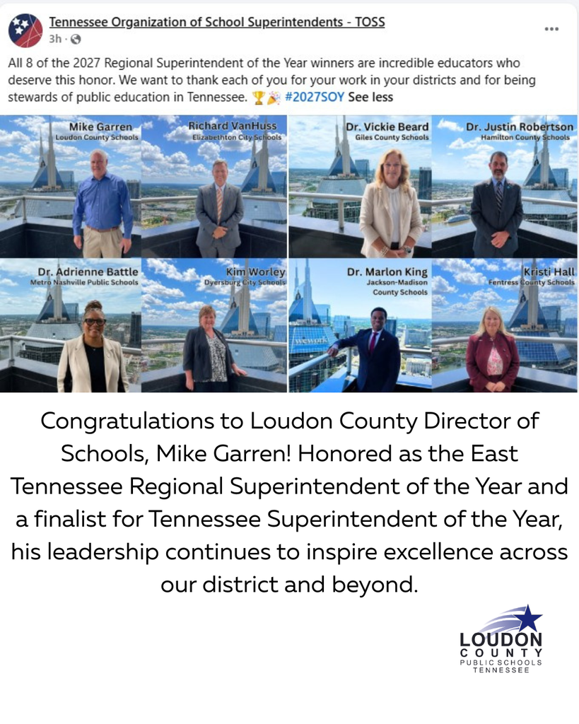 A collage of six images of educators in suits. Text reads, "Congratulations to Loudon County Director of Schools, Mike Garren."