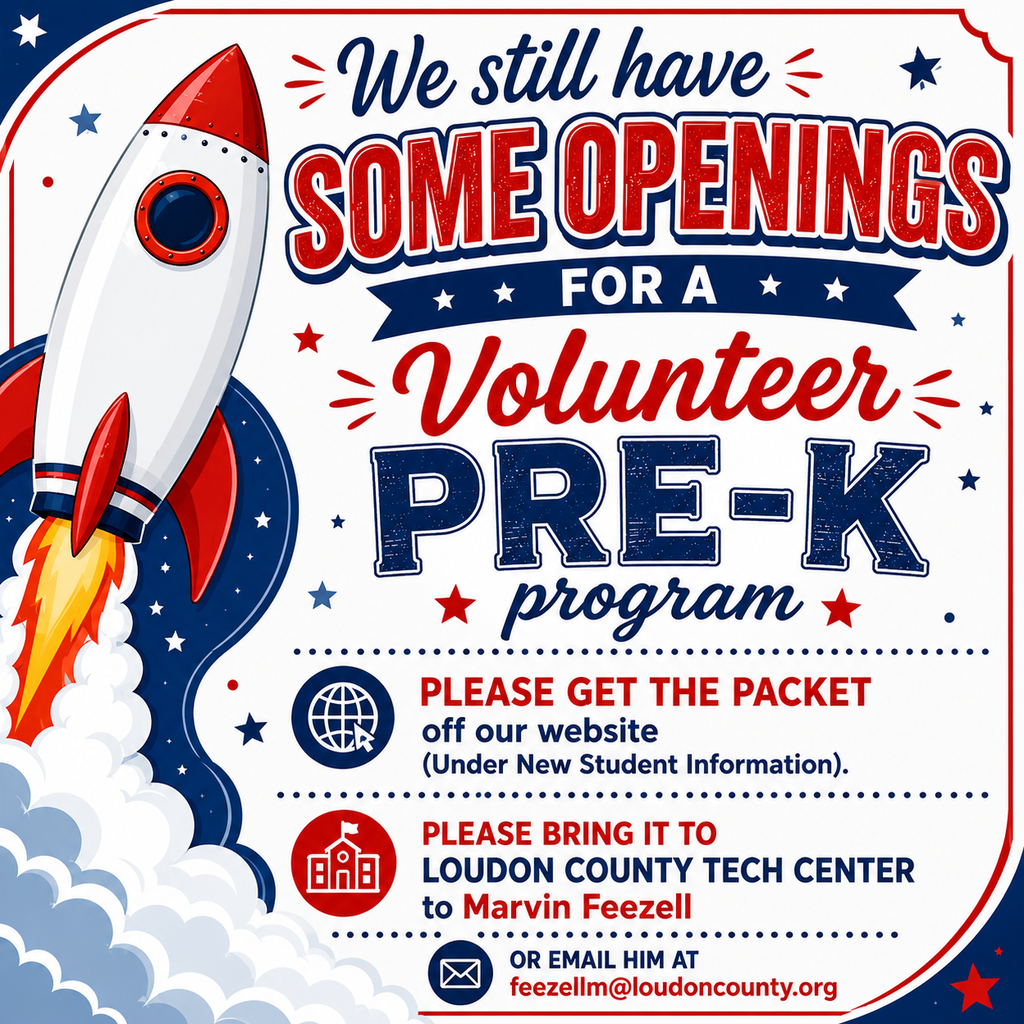 A flyer with red, white, and blue colors features a rocket and text about volunteer opportunities for a Pre-K program.