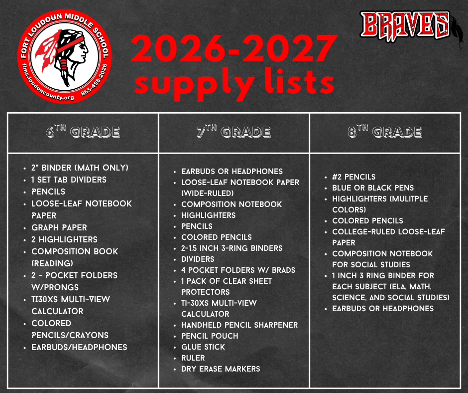 Black background with white text lists school supplies for grades 5, 6, 7, and 8. Each grade has different items.