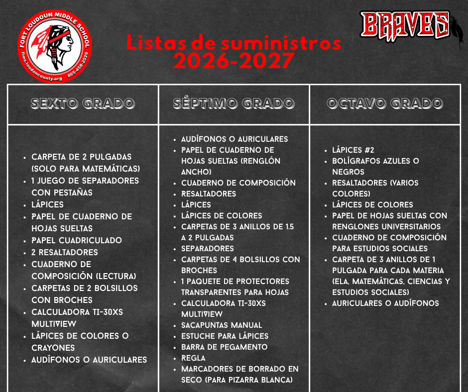 Document titled "Listos de suministros 2026-2027" with three columns labeled Sexto Grado, Septimo Grado, Octavo Grado. Contains items like carpeta, lapices, papel, and crayones.