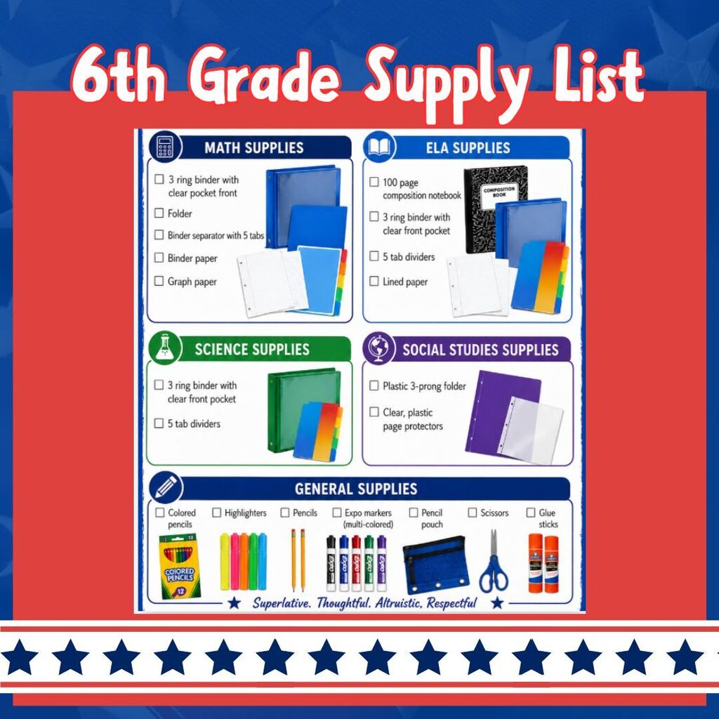 6th grade supply list