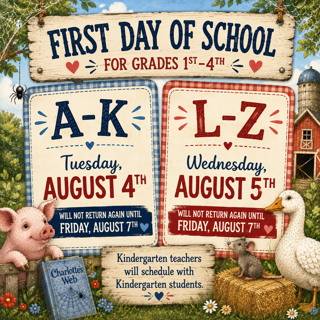 School sign for first day. Grades A-K on August 4th. Grades L-Z on August 5th. Animals include a pig, mouse, and duck.