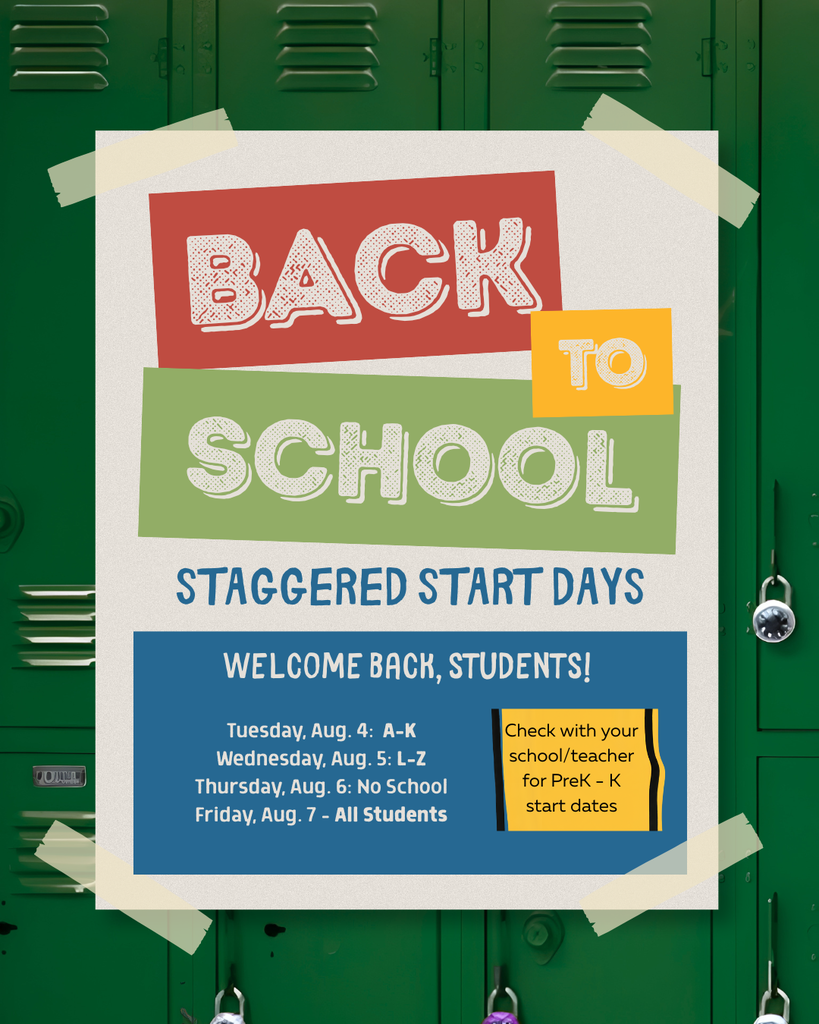 Green metal lockers with a white paper displaying a poster that reads "Back to School Staggered Start Days".