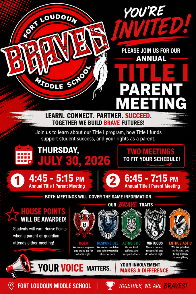 Flyer for Fort Loudoun Middle School's annual Title I Parent Meeting. It's on July 30, 2026, with two time slots: 4:45-5:15 PM and 6:45-7:15 PM.